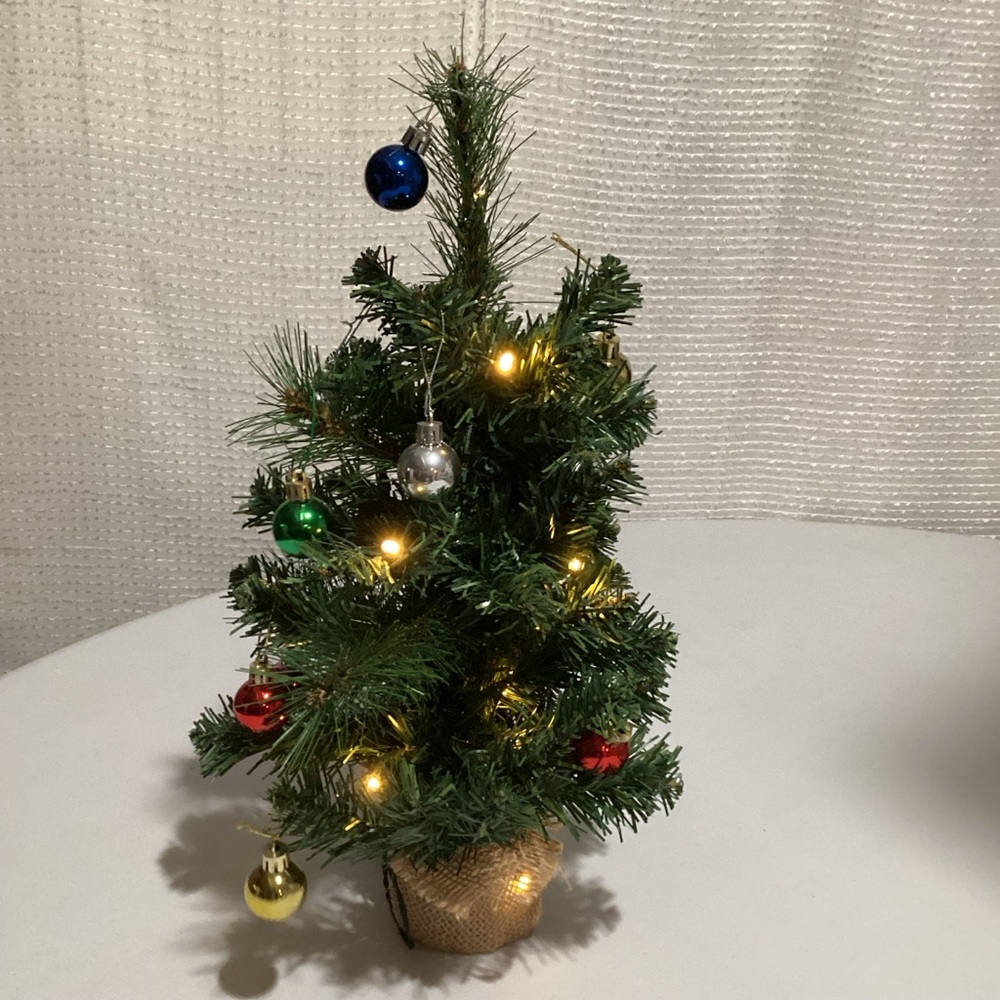 17” Mini Tabletop Faux Christmas tree with ornaments & lights